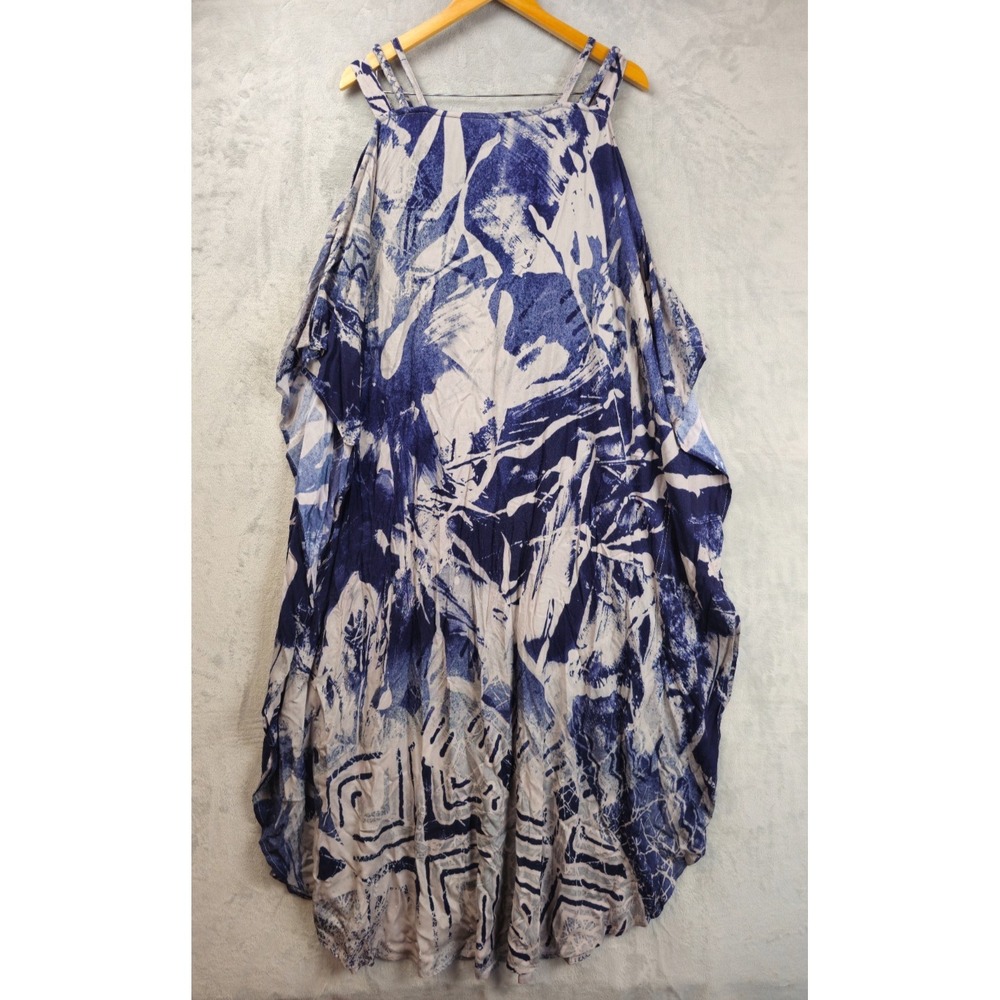 Soft Surroundings XL Tall Blue Caftan Maxi Dress Geometric Strappy Cold Shoulder - Picture 6 of 7